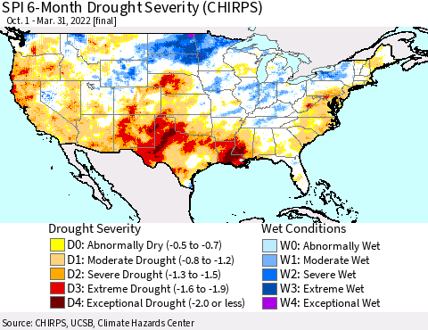 United States SPI 6-Month Drought Severity (CHIRPS) Thematic Map For 10/1/2021 - 3/31/2022
