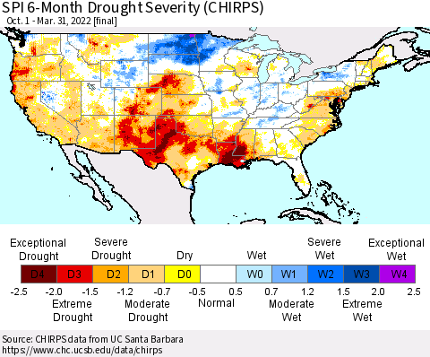 United States SPI 6-Month Drought Severity (CHIRPS) Thematic Map For 10/1/2021 - 3/31/2022