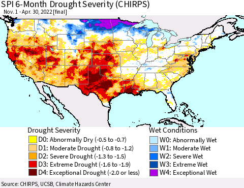 United States SPI 6-Month Drought Severity (CHIRPS) Thematic Map For 11/1/2021 - 4/30/2022