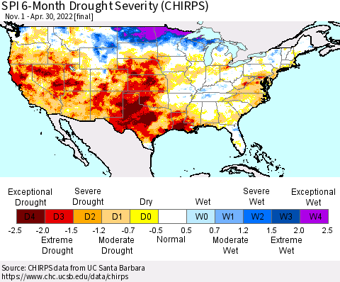 United States SPI 6-Month Drought Severity (CHIRPS) Thematic Map For 11/1/2021 - 4/30/2022