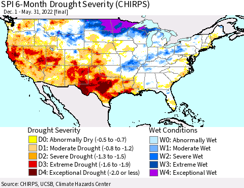United States SPI 6-Month Drought Severity (CHIRPS) Thematic Map For 12/1/2021 - 5/31/2022