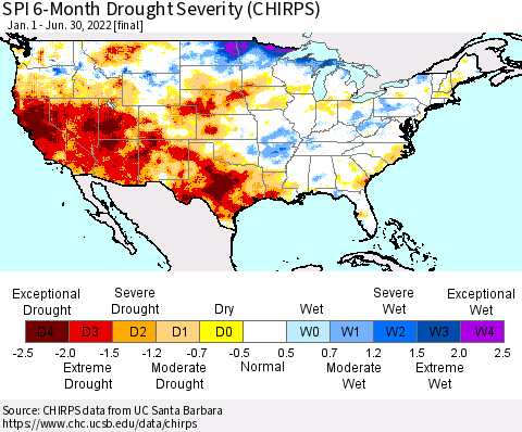 United States SPI 6-Month Drought Severity (CHIRPS) Thematic Map For 1/1/2022 - 6/30/2022