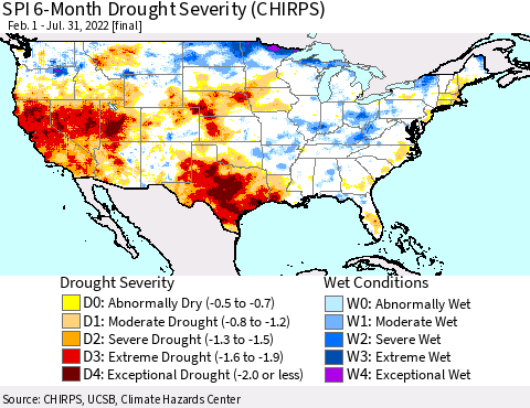 United States SPI 6-Month Drought Severity (CHIRPS) Thematic Map For 2/1/2022 - 7/31/2022