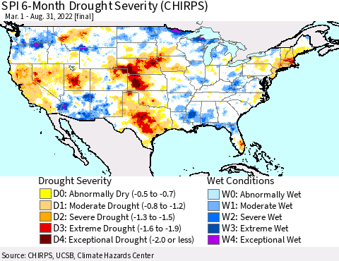 United States SPI 6-Month Drought Severity (CHIRPS) Thematic Map For 3/1/2022 - 8/31/2022