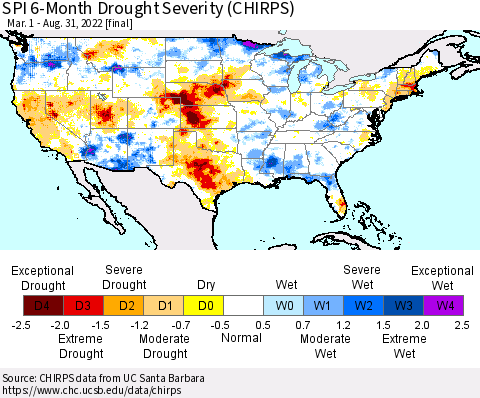 United States SPI 6-Month Drought Severity (CHIRPS) Thematic Map For 3/1/2022 - 8/31/2022