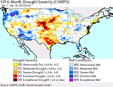 United States SPI 6-Month Drought Severity (CHIRPS) Thematic Map For 4/1/2022 - 9/30/2022