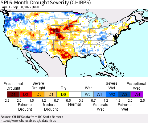 United States SPI 6-Month Drought Severity (CHIRPS) Thematic Map For 4/1/2022 - 9/30/2022