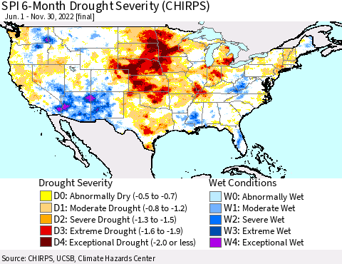 United States SPI 6-Month Drought Severity (CHIRPS) Thematic Map For 6/1/2022 - 11/30/2022