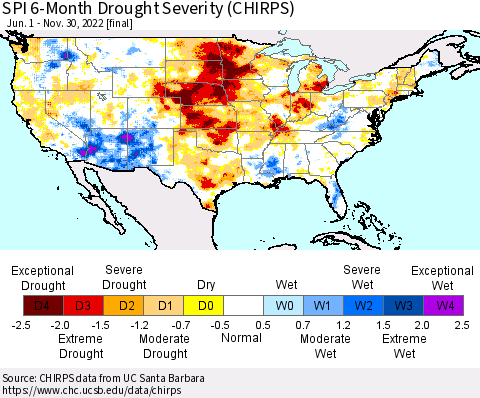 United States SPI 6-Month Drought Severity (CHIRPS) Thematic Map For 6/1/2022 - 11/30/2022