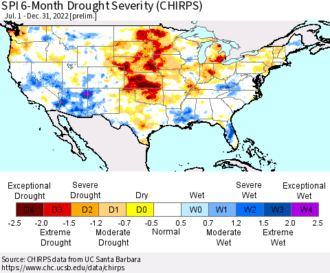 United States SPI 6-Month Drought Severity (CHIRPS) Thematic Map For 7/1/2022 - 12/31/2022