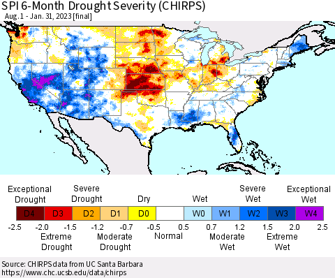 United States SPI 6-Month Drought Severity (CHIRPS) Thematic Map For 8/1/2022 - 1/31/2023