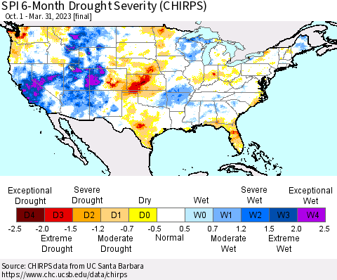 United States SPI 6-Month Drought Severity (CHIRPS) Thematic Map For 10/1/2022 - 3/31/2023