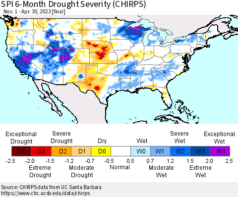 United States SPI 6-Month Drought Severity (CHIRPS) Thematic Map For 11/1/2022 - 4/30/2023