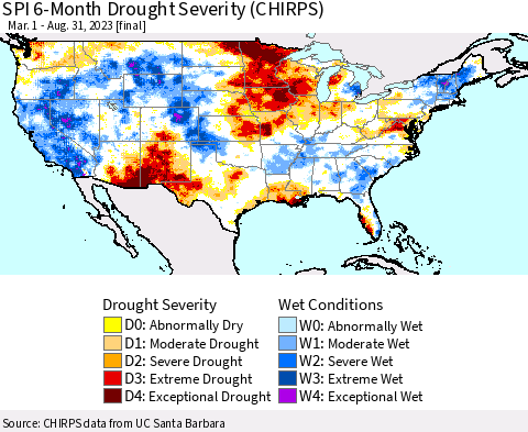 United States SPI 6-Month Drought Severity (CHIRPS) Thematic Map For 3/1/2023 - 8/31/2023