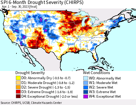 United States SPI 6-Month Drought Severity (CHIRPS) Thematic Map For 4/1/2023 - 9/30/2023