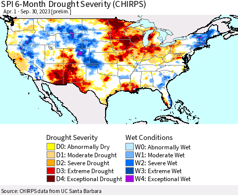 United States SPI 6-Month Drought Severity (CHIRPS) Thematic Map For 4/1/2023 - 9/30/2023