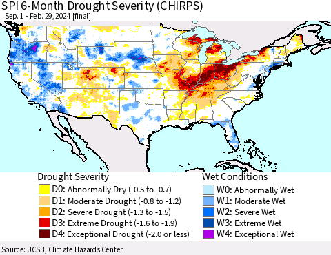 United States SPI 6-Month Drought Severity (CHIRPS) Thematic Map For 9/1/2023 - 2/29/2024