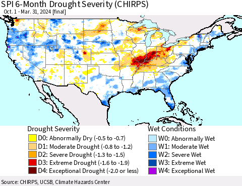 United States SPI 6-Month Drought Severity (CHIRPS) Thematic Map For 10/1/2023 - 3/31/2024