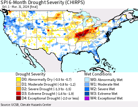 United States SPI 6-Month Drought Severity (CHIRPS) Thematic Map For 10/1/2023 - 3/31/2024