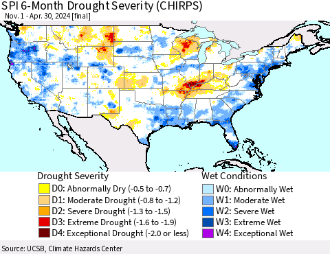 United States SPI 6-Month Drought Severity (CHIRPS) Thematic Map For 11/1/2023 - 4/30/2024