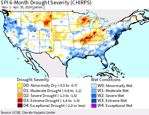 United States SPI 6-Month Drought Severity (CHIRPS) Thematic Map For 11/1/2023 - 4/30/2024