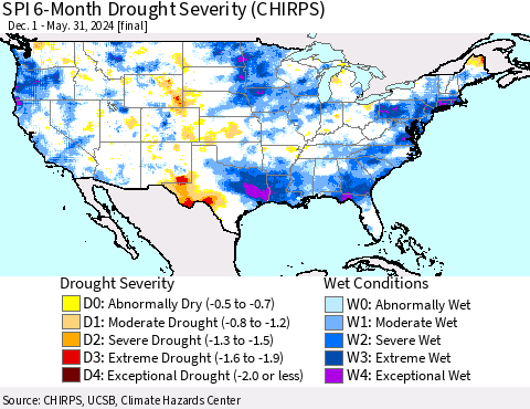 United States SPI 6-Month Drought Severity (CHIRPS) Thematic Map For 12/1/2023 - 5/31/2024