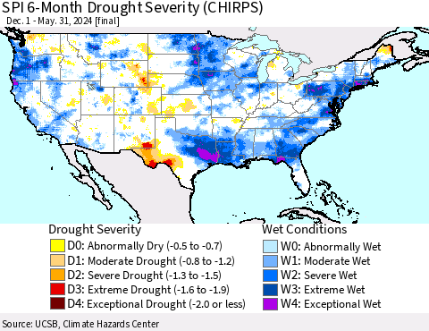 United States SPI 6-Month Drought Severity (CHIRPS) Thematic Map For 12/1/2023 - 5/31/2024