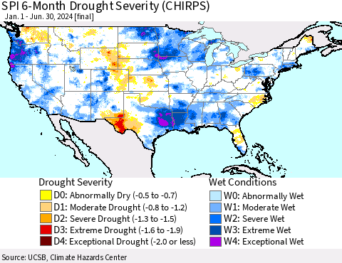 United States SPI 6-Month Drought Severity (CHIRPS) Thematic Map For 1/1/2024 - 6/30/2024