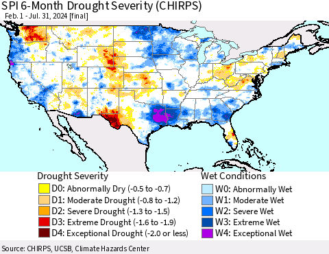 United States SPI 6-Month Drought Severity (CHIRPS) Thematic Map For 2/1/2024 - 7/31/2024