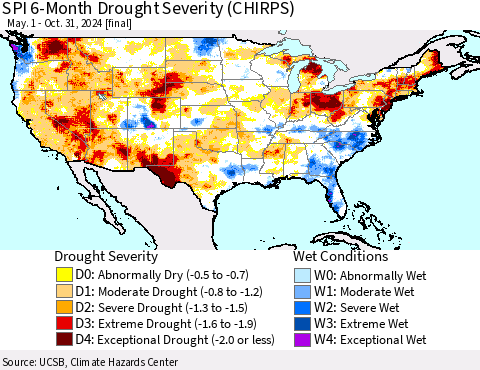 United States SPI 6-Month Drought Severity (CHIRPS) Thematic Map For 5/1/2024 - 10/31/2024