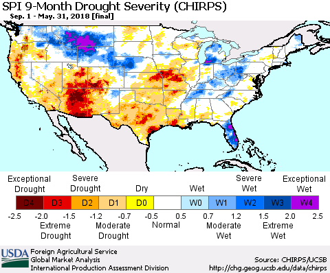 United States SPI 9-Month Drought Severity (CHIRPS) Thematic Map For 9/1/2017 - 5/31/2018