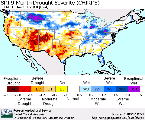 United States SPI 9-Month Drought Severity (CHIRPS) Thematic Map For 10/1/2017 - 6/30/2018