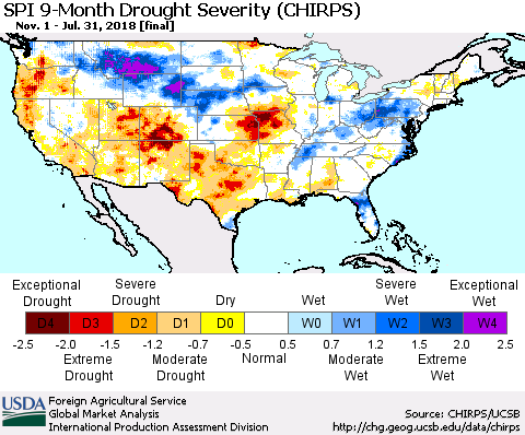 United States SPI 9-Month Drought Severity (CHIRPS) Thematic Map For 11/1/2017 - 7/31/2018