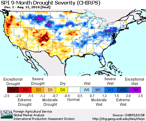 United States SPI 9-Month Drought Severity (CHIRPS) Thematic Map For 12/1/2017 - 8/31/2018
