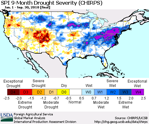 United States SPI 9-Month Drought Severity (CHIRPS) Thematic Map For 1/1/2018 - 9/30/2018
