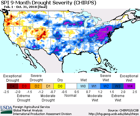 United States SPI 9-Month Drought Severity (CHIRPS) Thematic Map For 2/1/2018 - 10/31/2018
