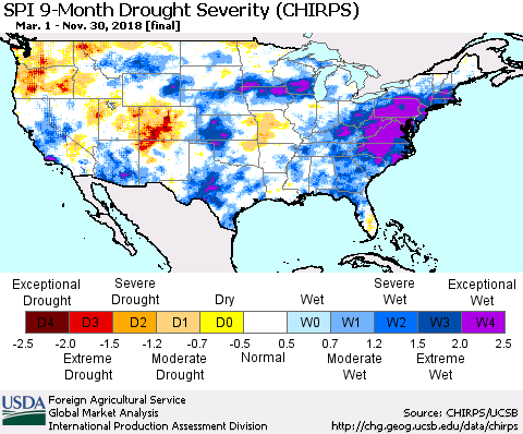United States SPI 9-Month Drought Severity (CHIRPS) Thematic Map For 3/1/2018 - 11/30/2018