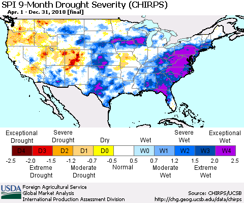 United States SPI 9-Month Drought Severity (CHIRPS) Thematic Map For 4/1/2018 - 12/31/2018