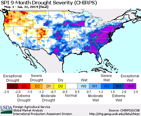 United States SPI 9-Month Drought Severity (CHIRPS) Thematic Map For 5/1/2018 - 1/31/2019