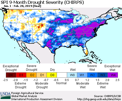 United States SPI 9-Month Drought Severity (CHIRPS) Thematic Map For 6/1/2018 - 2/28/2019