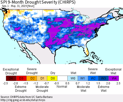 United States SPI 9-Month Drought Severity (CHIRPS) Thematic Map For 9/1/2018 - 5/31/2019