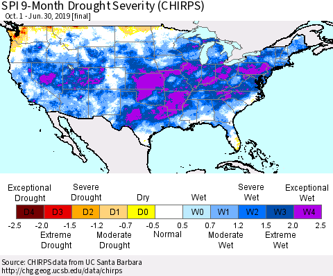 United States SPI 9-Month Drought Severity (CHIRPS) Thematic Map For 10/1/2018 - 6/30/2019