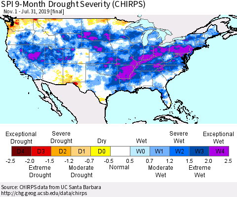 United States SPI 9-Month Drought Severity (CHIRPS) Thematic Map For 11/1/2018 - 7/31/2019