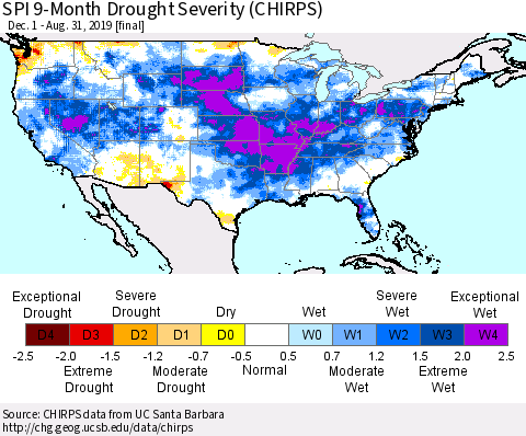 United States SPI 9-Month Drought Severity (CHIRPS) Thematic Map For 12/1/2018 - 8/31/2019