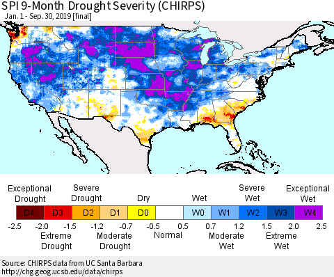 United States SPI 9-Month Drought Severity (CHIRPS) Thematic Map For 1/1/2019 - 9/30/2019