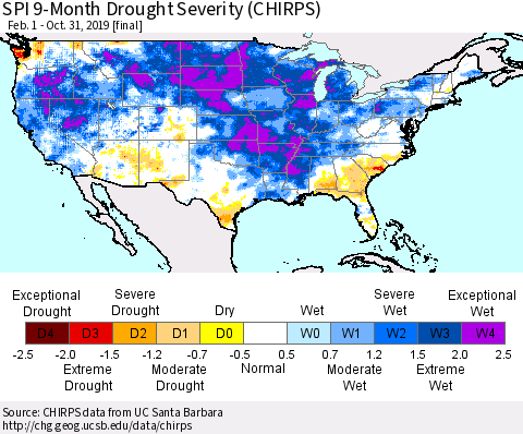 United States SPI 9-Month Drought Severity (CHIRPS) Thematic Map For 2/1/2019 - 10/31/2019