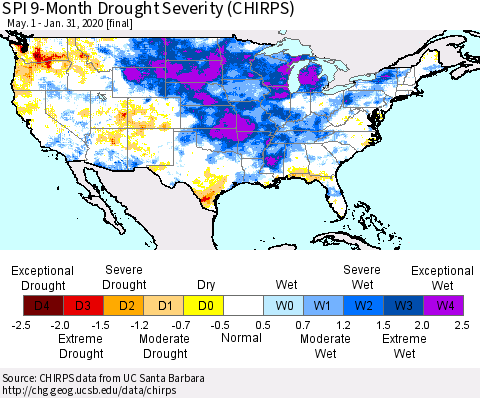 United States SPI 9-Month Drought Severity (CHIRPS) Thematic Map For 5/1/2019 - 1/31/2020
