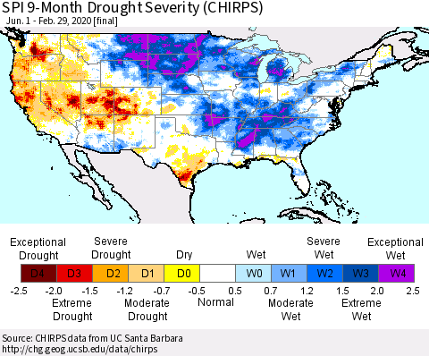 United States SPI 9-Month Drought Severity (CHIRPS) Thematic Map For 6/1/2019 - 2/29/2020