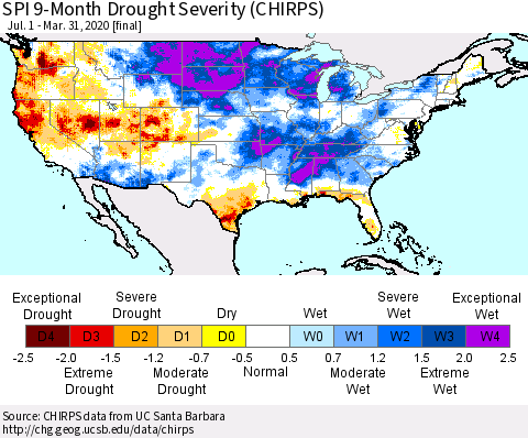 United States SPI 9-Month Drought Severity (CHIRPS) Thematic Map For 7/1/2019 - 3/31/2020