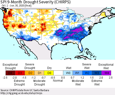 United States SPI 9-Month Drought Severity (CHIRPS) Thematic Map For 10/1/2019 - 6/30/2020